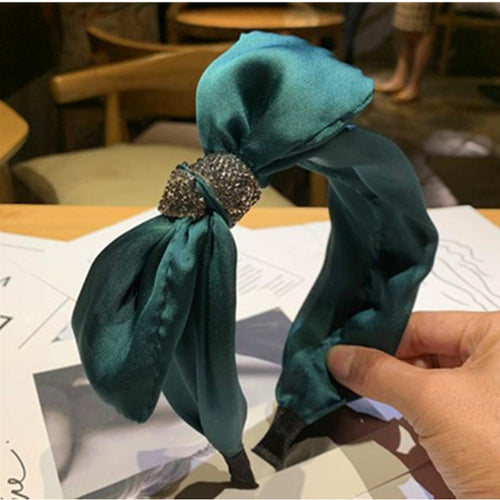 Dark Green Bow Headband for Women Solid Silk Satin Hairband Side Bow Knot Headband Adults Hair Accessories Bow Hairband Crystal