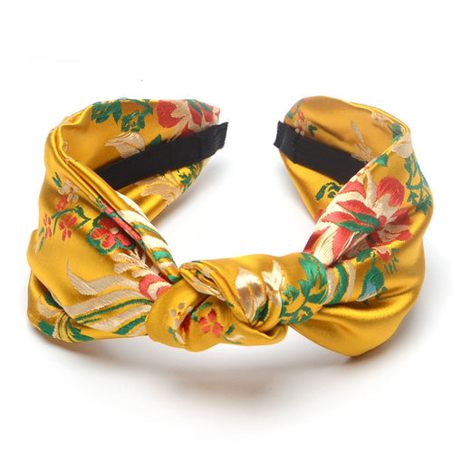 2018 NEW Satin Silk Like Flower Embroidered Headband Front Knot Women Hair Accessories Hair Band